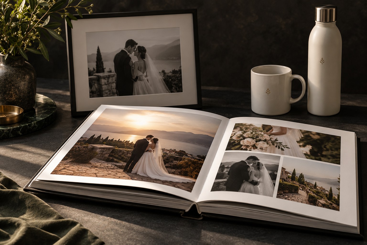 Illustrative arrangement of a photo album, frame and personalised gift products